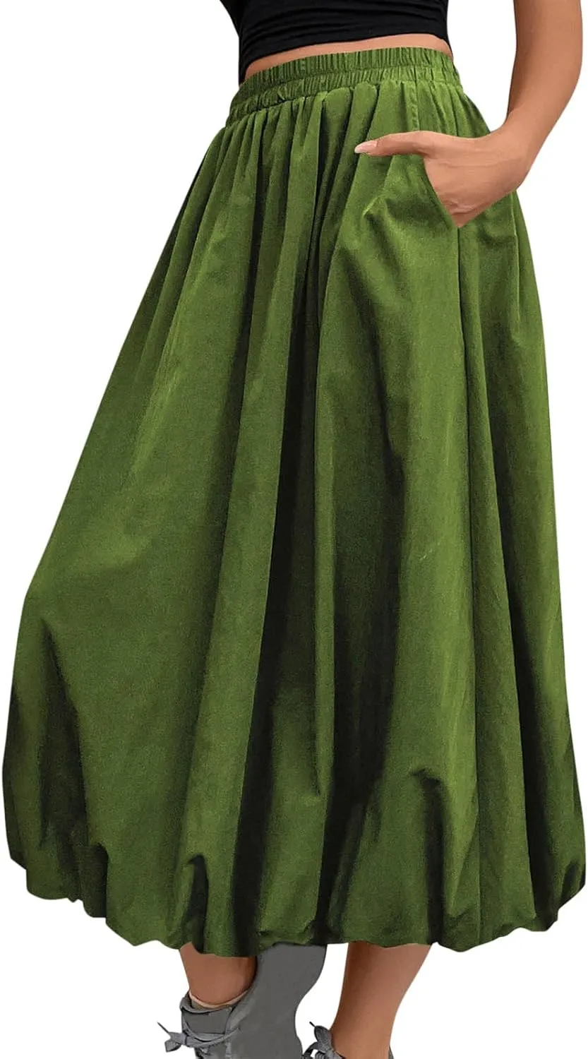 Oplxuo Women Bubble Maxi Skirt Elastic High Waisted Flowy A Line Long Puff Skirts Ruffle Hem Balloon Skirts with Pockets
