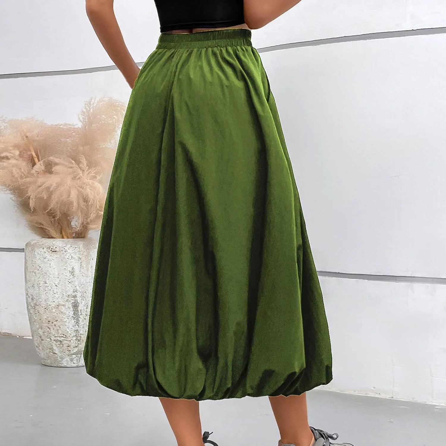 Oplxuo Women Bubble Maxi Skirt Elastic High Waisted Flowy A Line Long Puff Skirts Ruffle Hem Balloon Skirts with Pockets