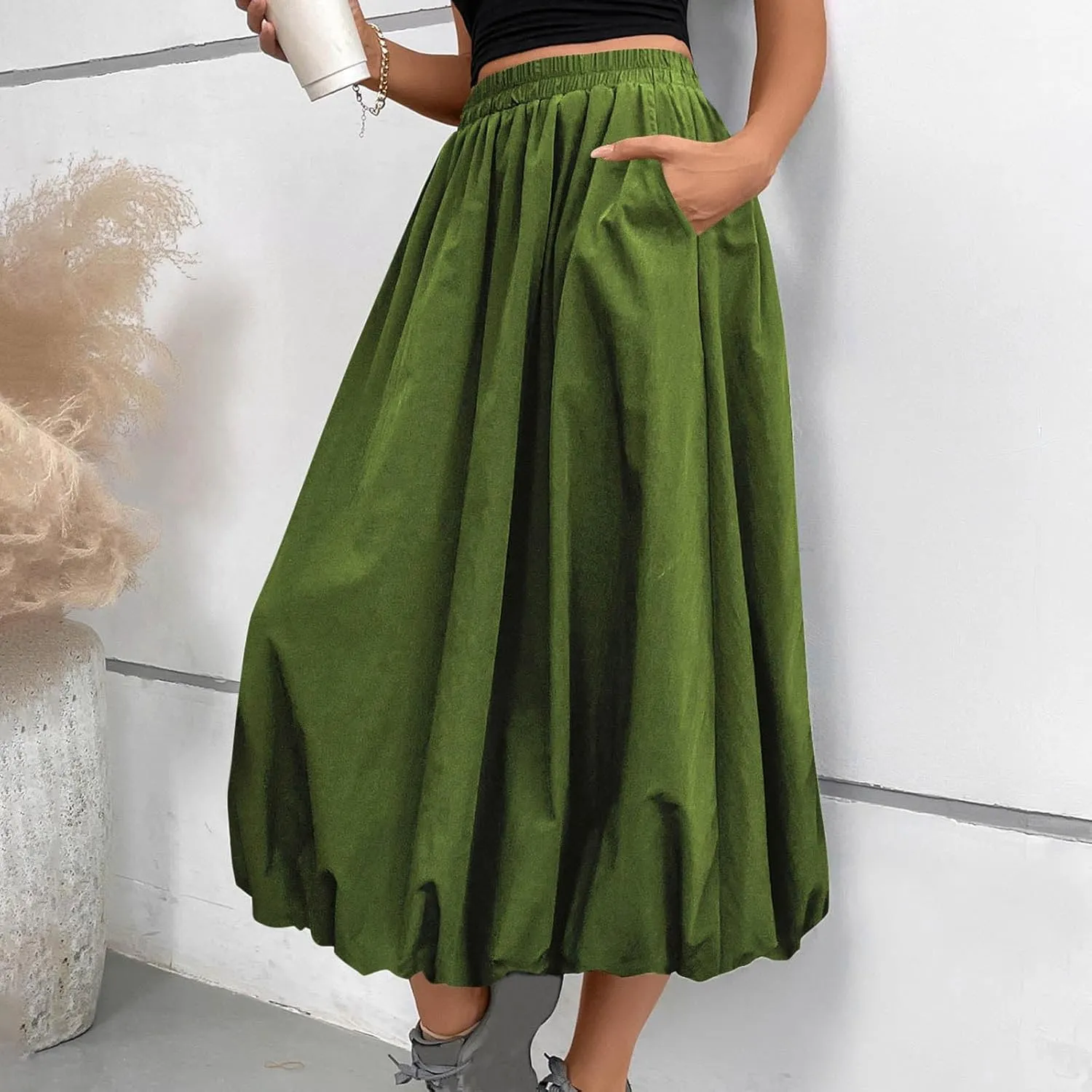 Oplxuo Women Bubble Maxi Skirt Elastic High Waisted Flowy A Line Long Puff Skirts Ruffle Hem Balloon Skirts with Pockets