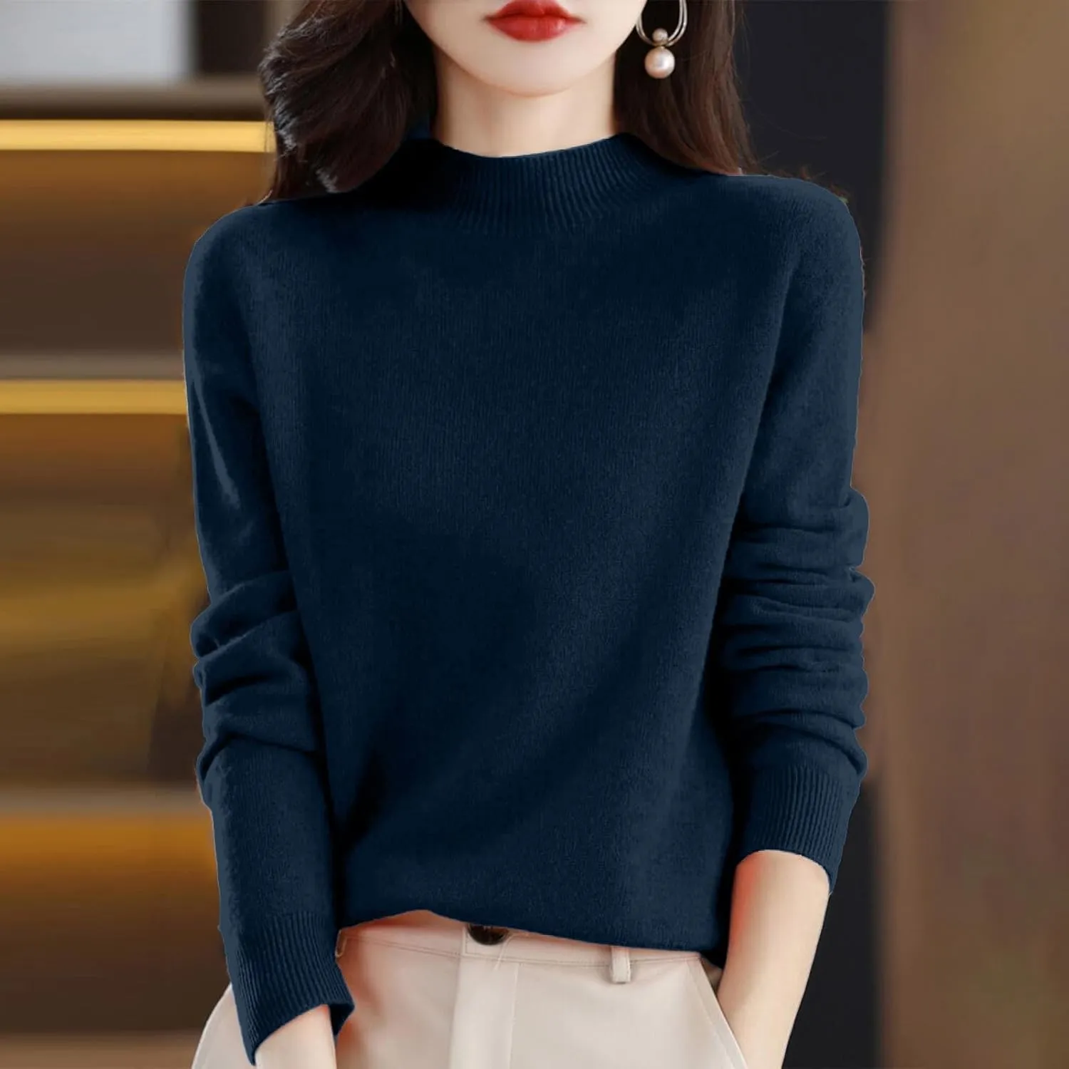PETYCZEN Cashmere Sweaters for Women Casual Long Sleeve Mock Neck Sweater Cozy Warm Knit Sweater Jumpers Pullover Tops