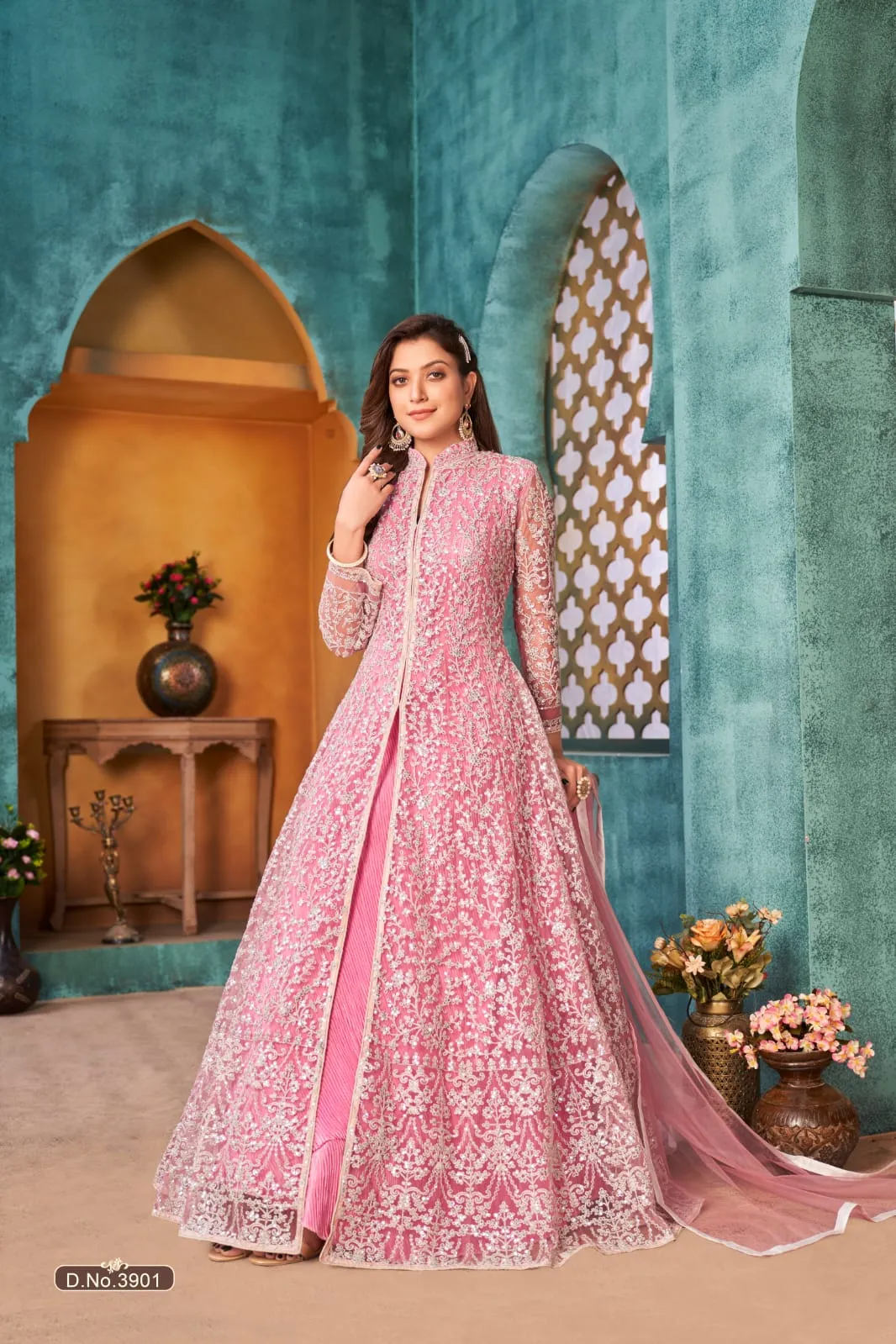 Pink Colour Pure Soft Net with Heavy Cording & Sequins Work Readymade Gown