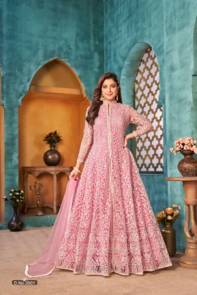 Pink Colour Pure Soft Net with Heavy Cording & Sequins Work Readymade Gown