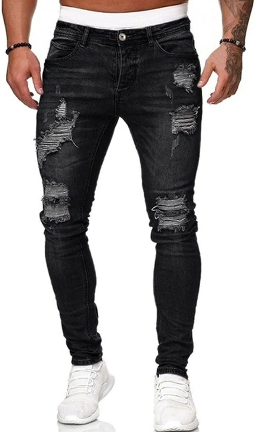 Ripped Jeans Men Baggy Classic Comfort Flex Retro Jeans Pants Lightweight Elastic Waist Denim Trousers
