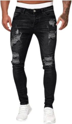 Ripped Jeans Men Baggy Classic Comfort Flex Retro Jeans Pants Lightweight Elastic Waist Denim Trousers