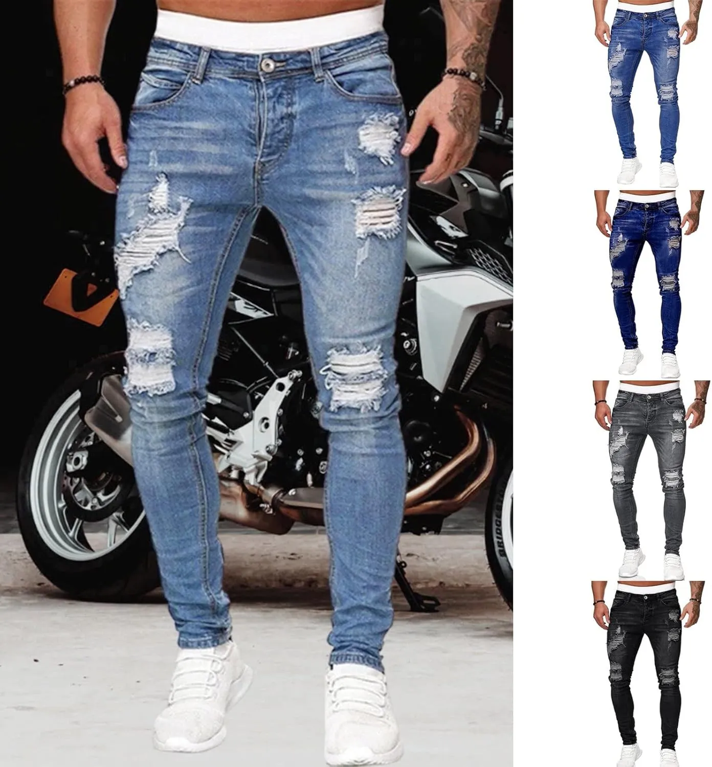 Ripped Jeans Men Baggy Classic Comfort Flex Retro Jeans Pants Lightweight Elastic Waist Denim Trousers