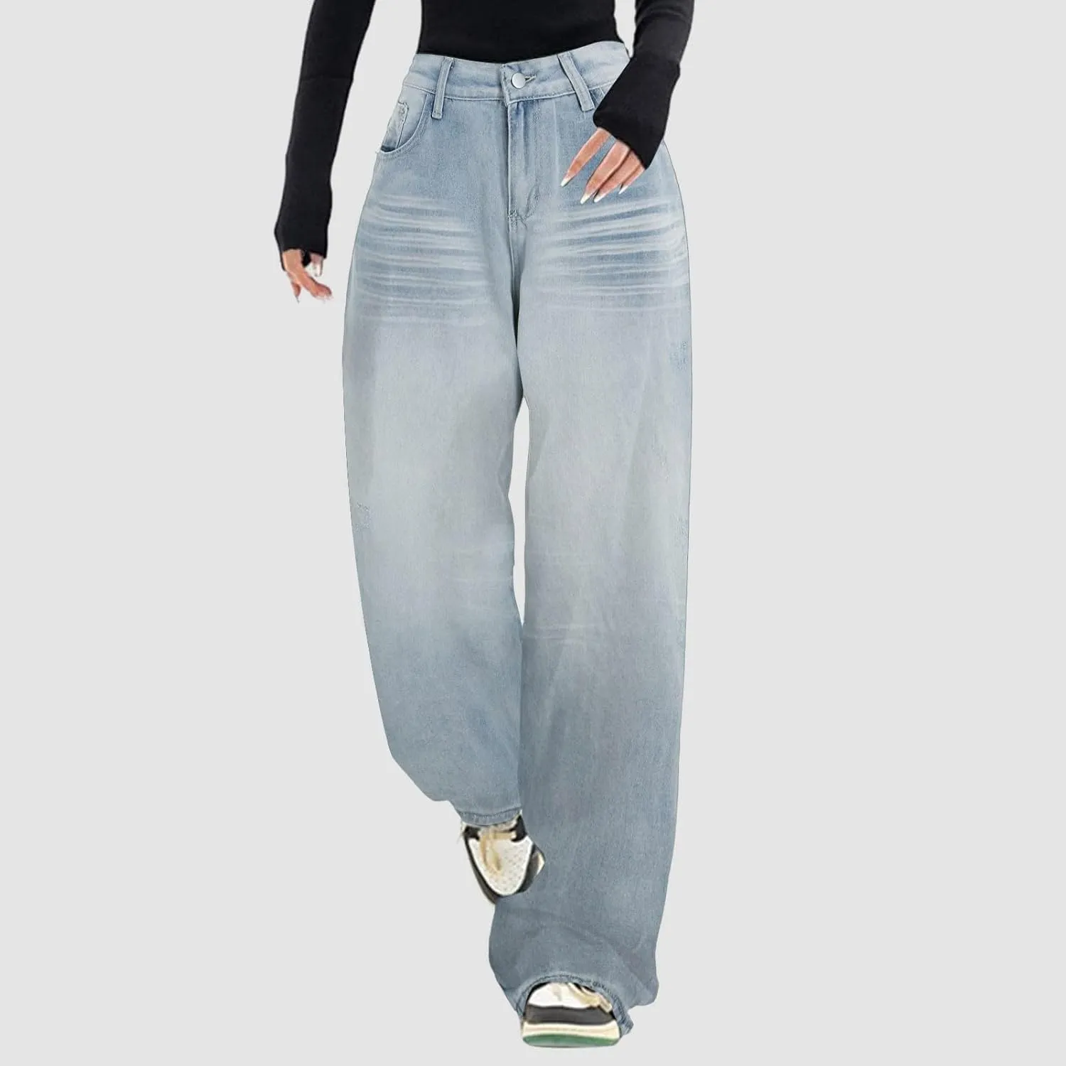 Straight Leg Jeans for Women High Waisted Frayed Baggy Pants Raw Hem Loose Floor Length Wide Leg Boyfriends Jeans