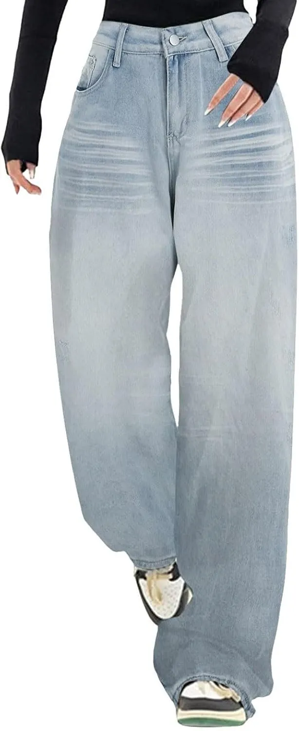 Straight Leg Jeans for Women High Waisted Frayed Baggy Pants Raw Hem Loose Floor Length Wide Leg Boyfriends Jeans