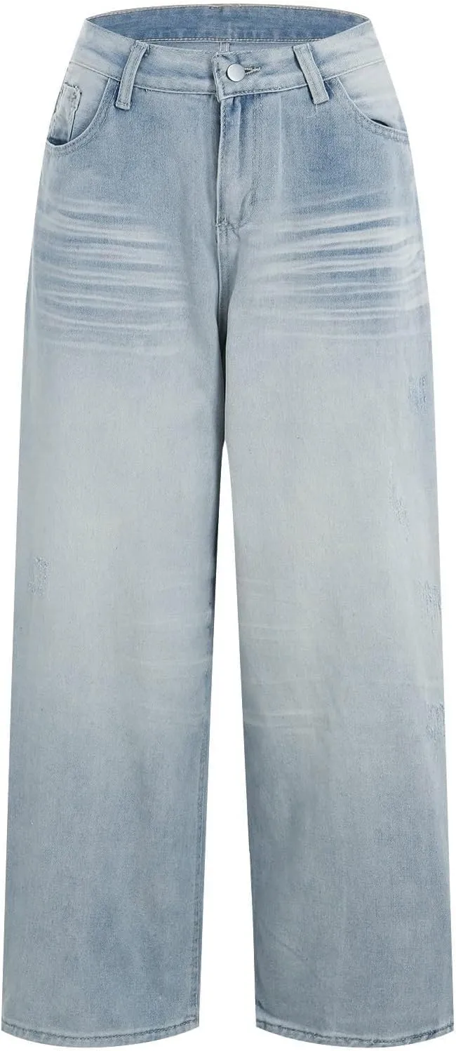 Straight Leg Jeans for Women High Waisted Frayed Baggy Pants Raw Hem Loose Floor Length Wide Leg Boyfriends Jeans