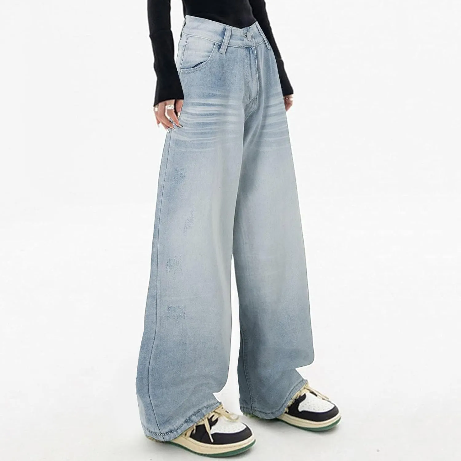 Straight Leg Jeans for Women High Waisted Frayed Baggy Pants Raw Hem Loose Floor Length Wide Leg Boyfriends Jeans