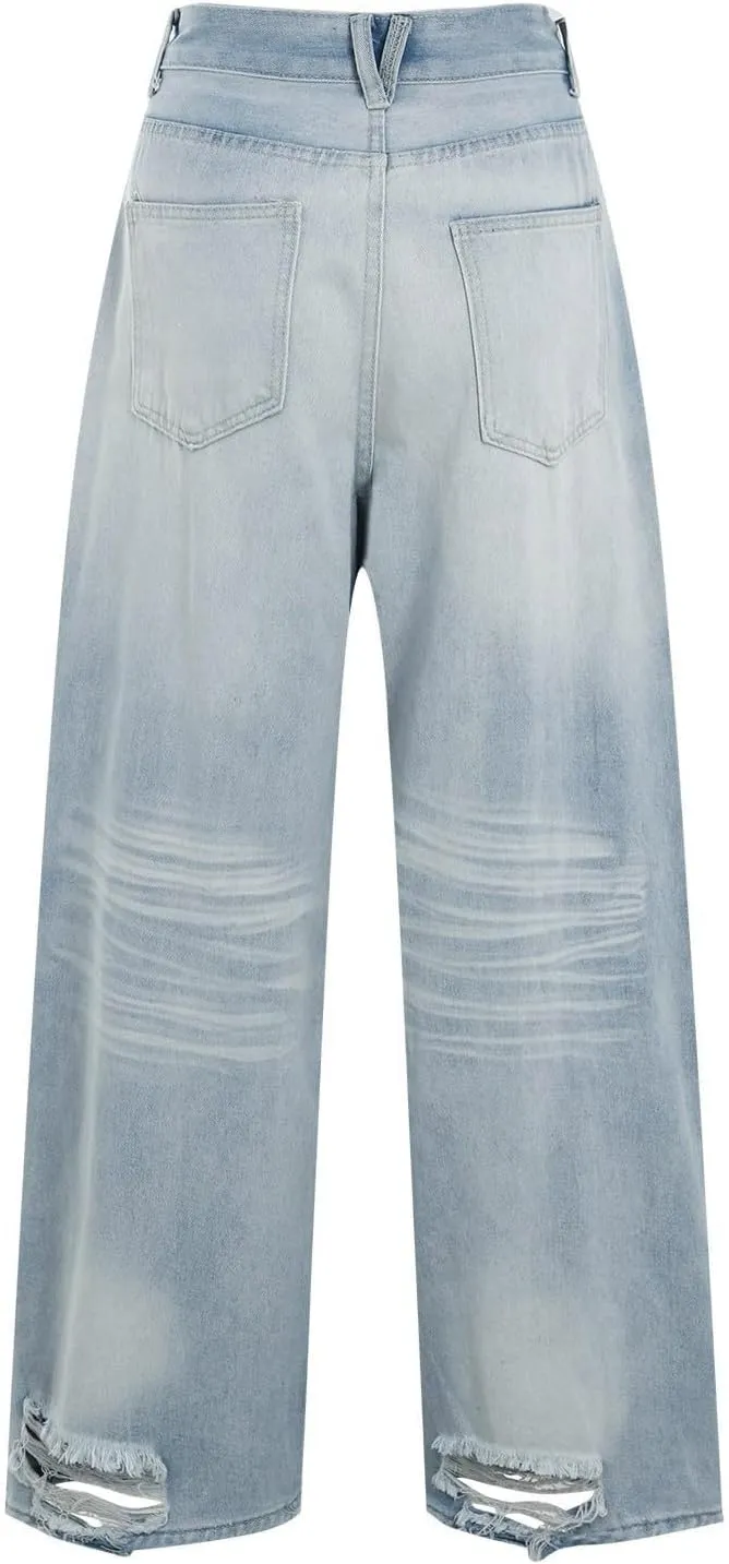 Straight Leg Jeans for Women High Waisted Frayed Baggy Pants Raw Hem Loose Floor Length Wide Leg Boyfriends Jeans