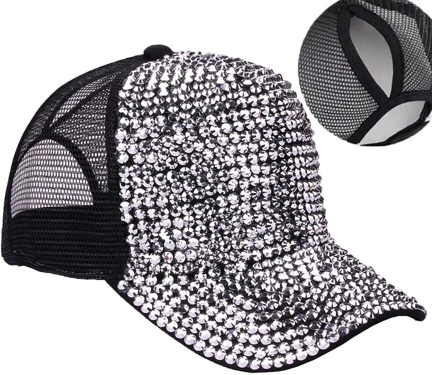 Studded Rhinestone Baseball Cap for Women Girls Sparkle Bling Denim Sun Hat Adjustable Casual Summer Mesh Sports Hat