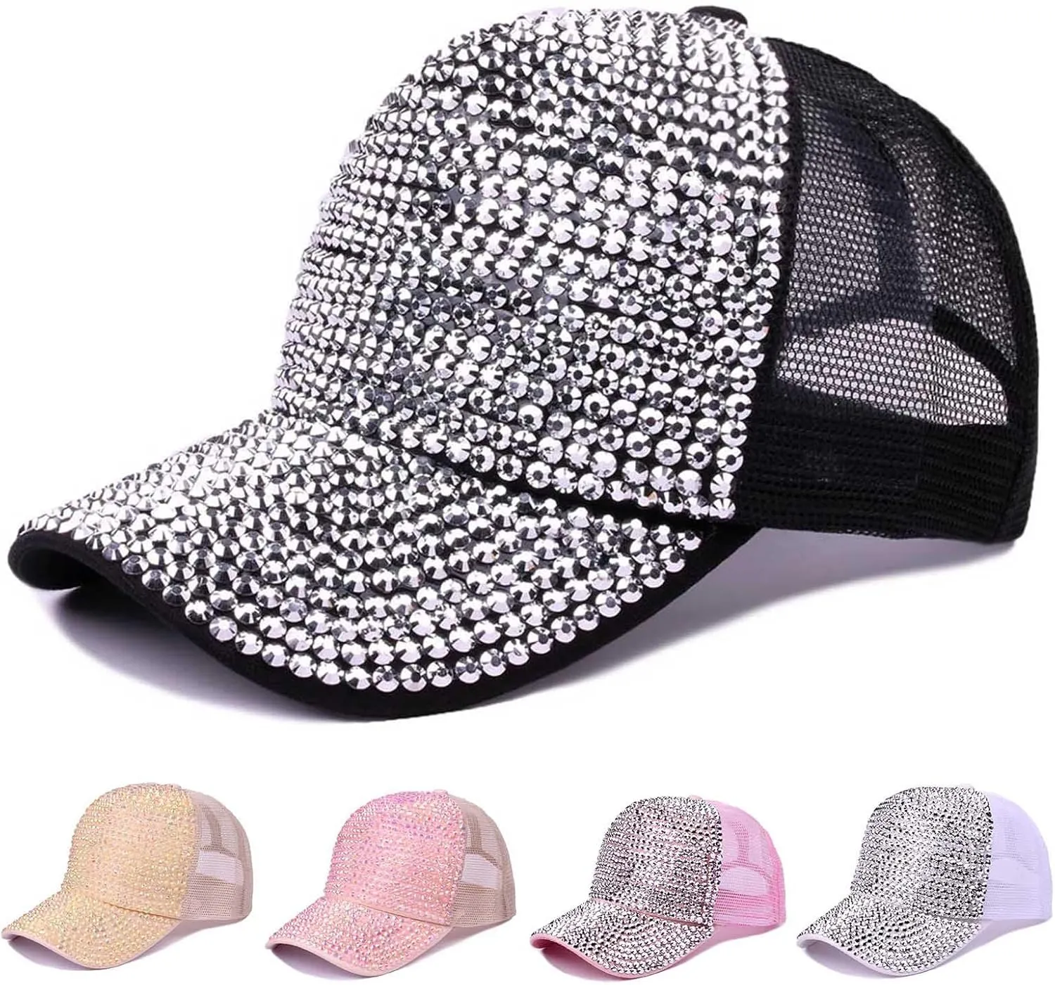 Studded Rhinestone Baseball Cap for Women Girls Sparkle Bling Denim Sun Hat Adjustable Casual Summer Mesh Sports Hat