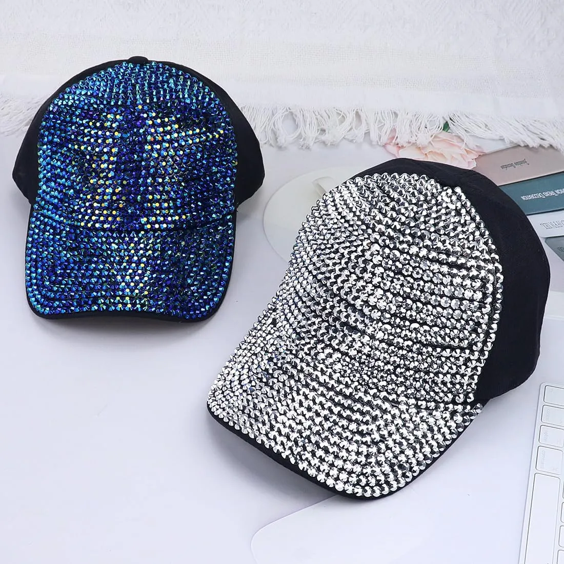 Studded Rhinestone Baseball Cap for Women Sparkle Bling Denim Sun Hat Casual Sports Hat