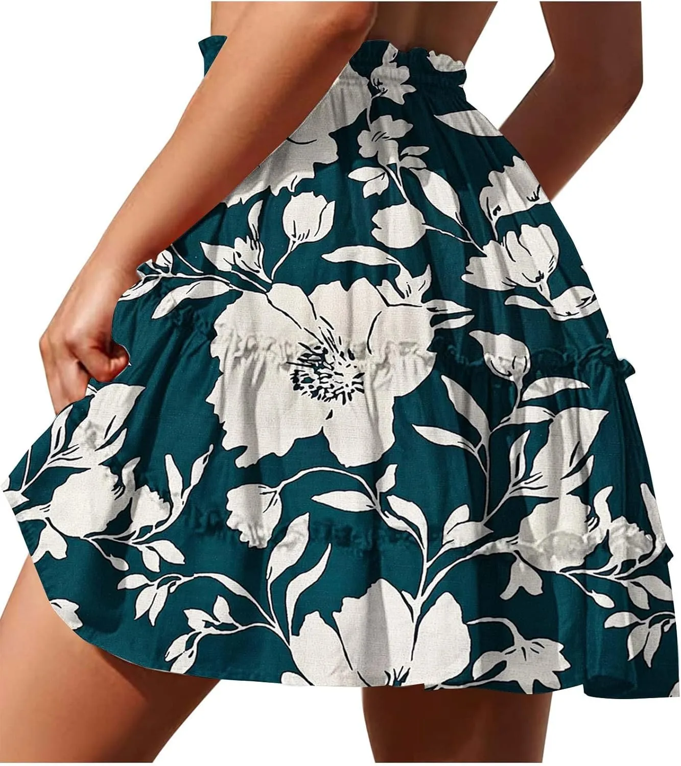 Summer Beach Mini Skirt for Women, Fashion Boho Floral Print Ruched Casual Skirts Tie Drawstring Vacation Trendy Clothes
