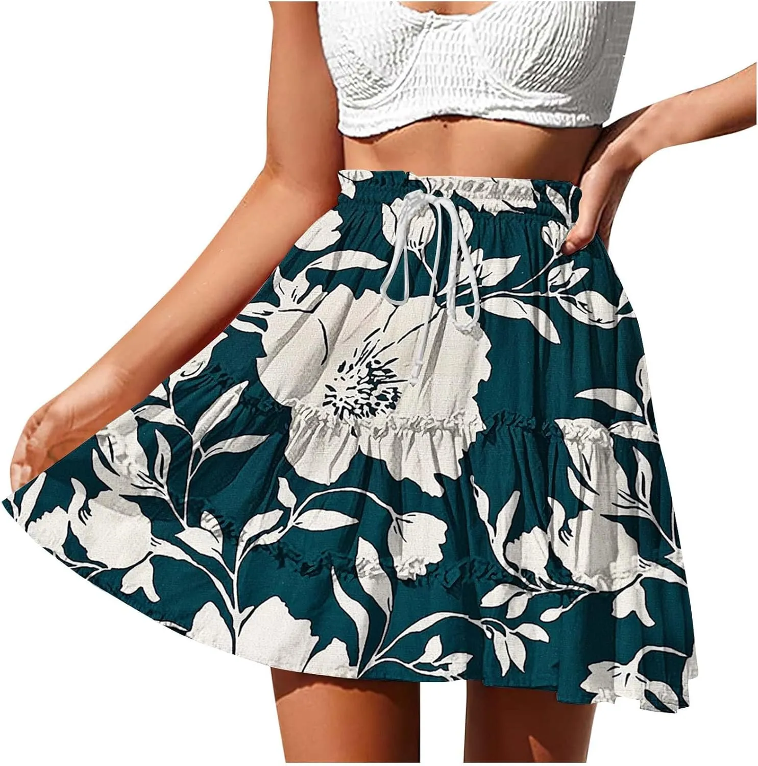 Summer Beach Mini Skirt for Women, Fashion Boho Floral Print Ruched Casual Skirts Tie Drawstring Vacation Trendy Clothes