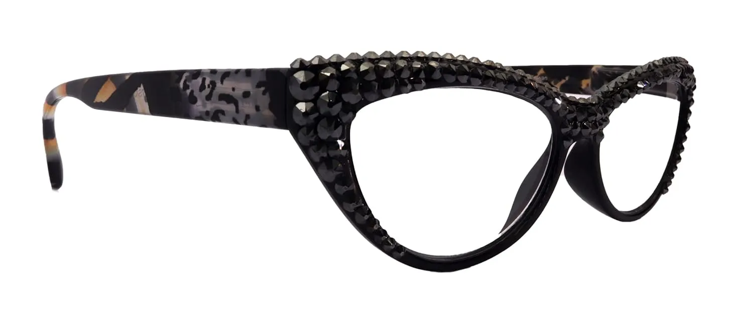 The Lynx, (Bling) Reading Glasses 4 Women W 2x (Full Top) (Hematite) Genuine European Crystal, Magnifying Cat Eye (Black, Leopard) NY Fifth Avenue ( 1.50)