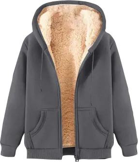 Unisex Women's Fleece Hoodie Jacket Cozy Sherpa Lined Zip Up Warm Hoodie Sweatshirt Winter Fluffy Sweater Hooded Coat