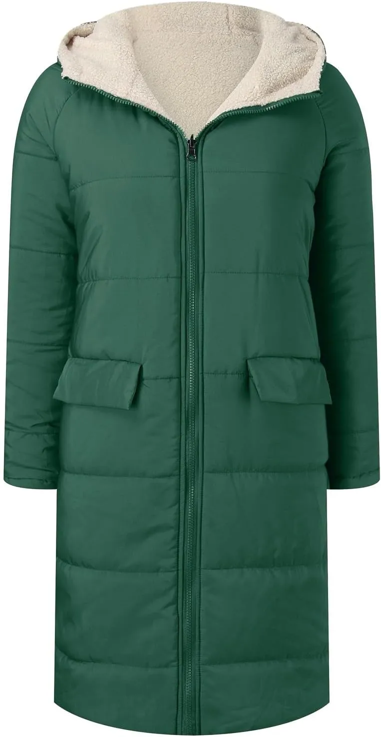 Winter Coats for Women Warm Faux Fur Lined Thicken Jacket Quilted Long Puffer Coat Hood Down Outerwear with Pockets