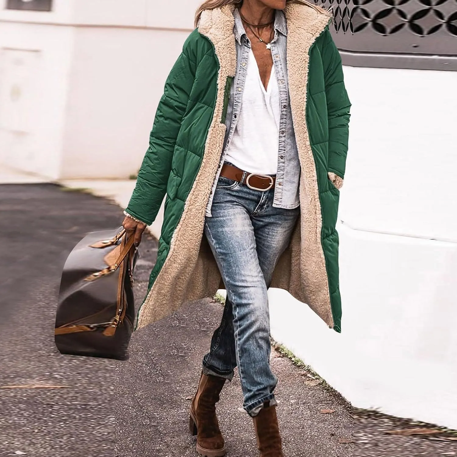 Winter Coats for Women Warm Faux Fur Lined Thicken Jacket Quilted Long Puffer Coat Hood Down Outerwear with Pockets