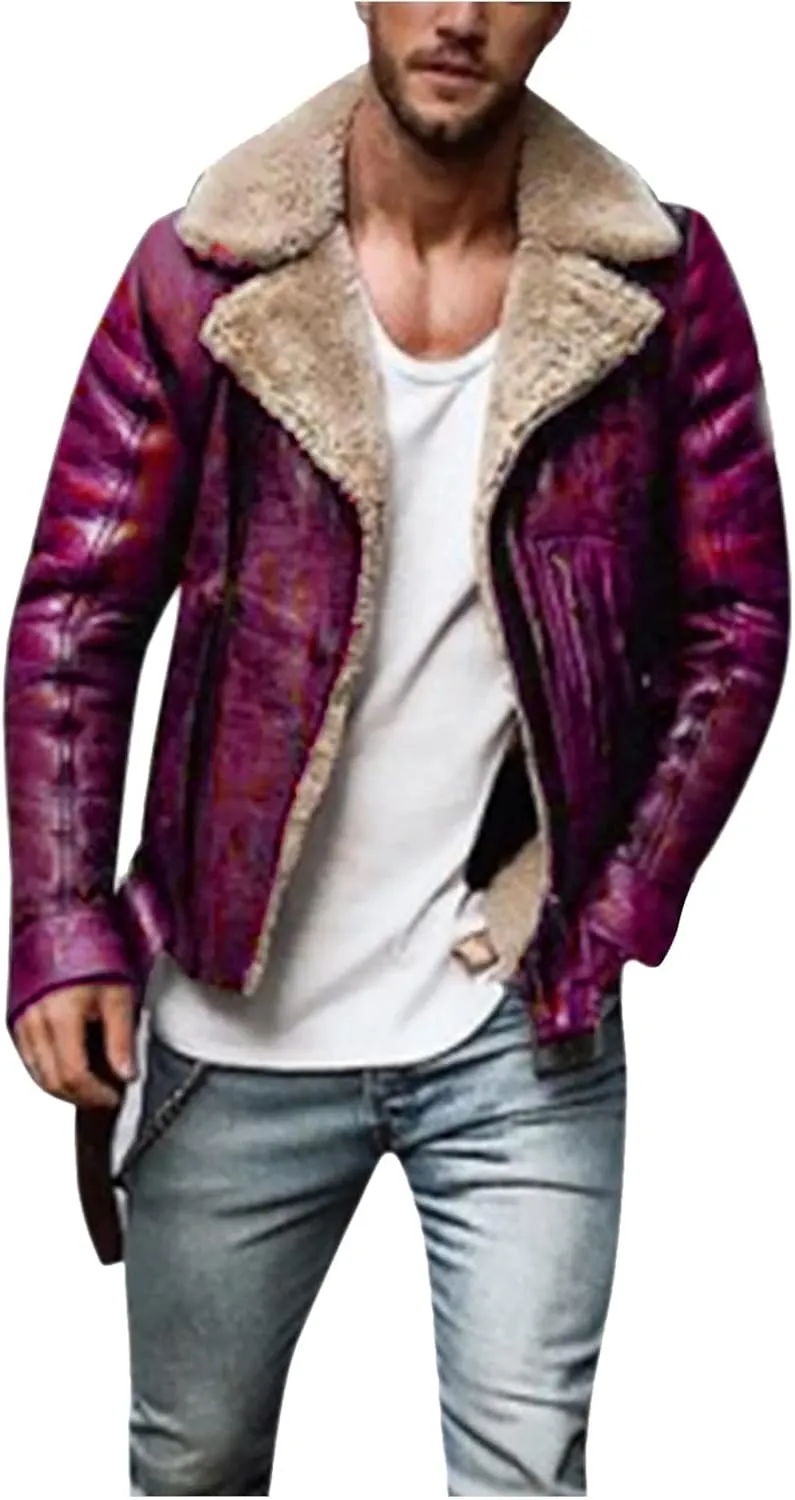 Winter Leather Jacket for Men Sherpa Lined Full Zip Lapel Fur Collar Jackets Casual Cropped Warm Fleece Cardigans Coats