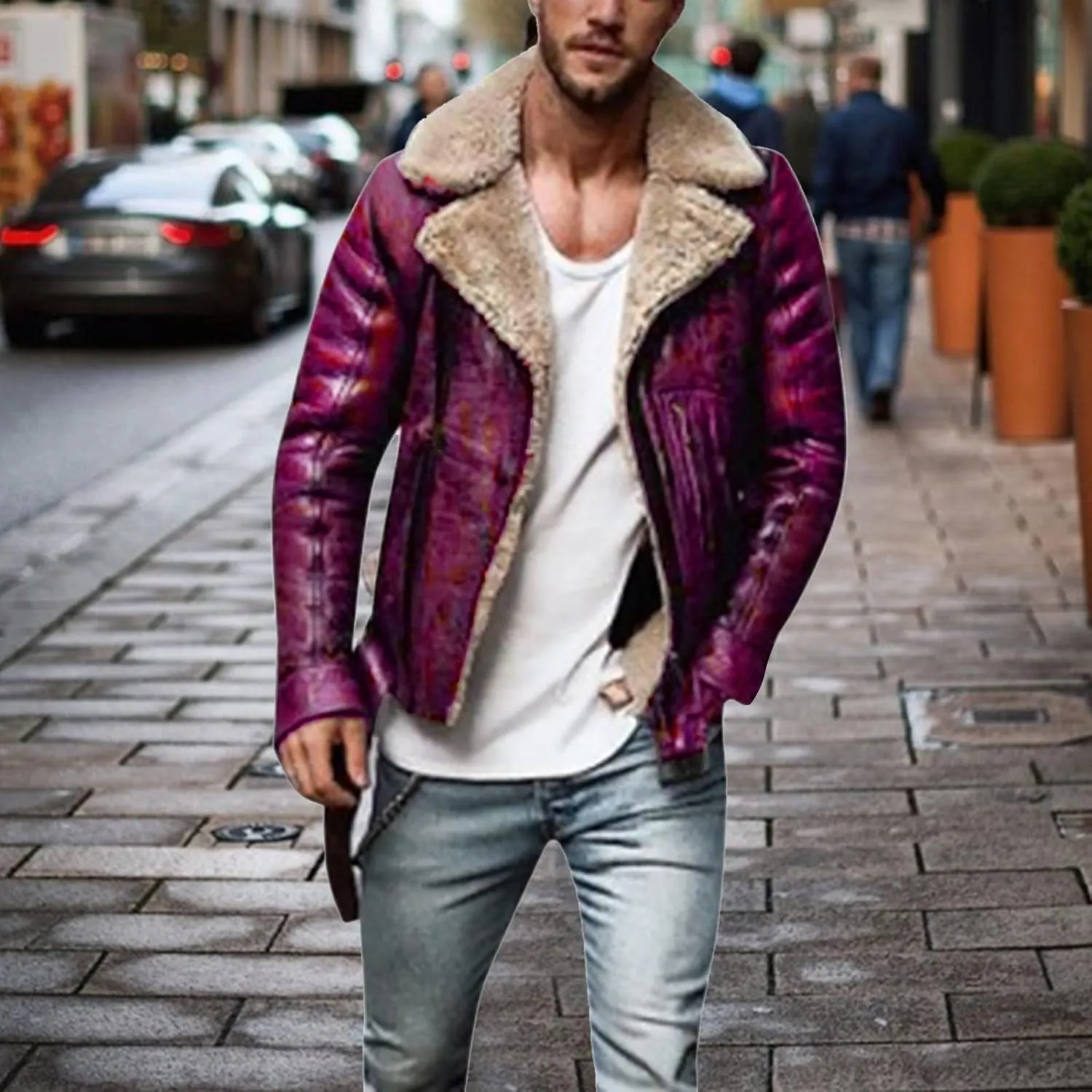 Winter Leather Jacket for Men Sherpa Lined Full Zip Lapel Fur Collar Jackets Casual Cropped Warm Fleece Cardigans Coats