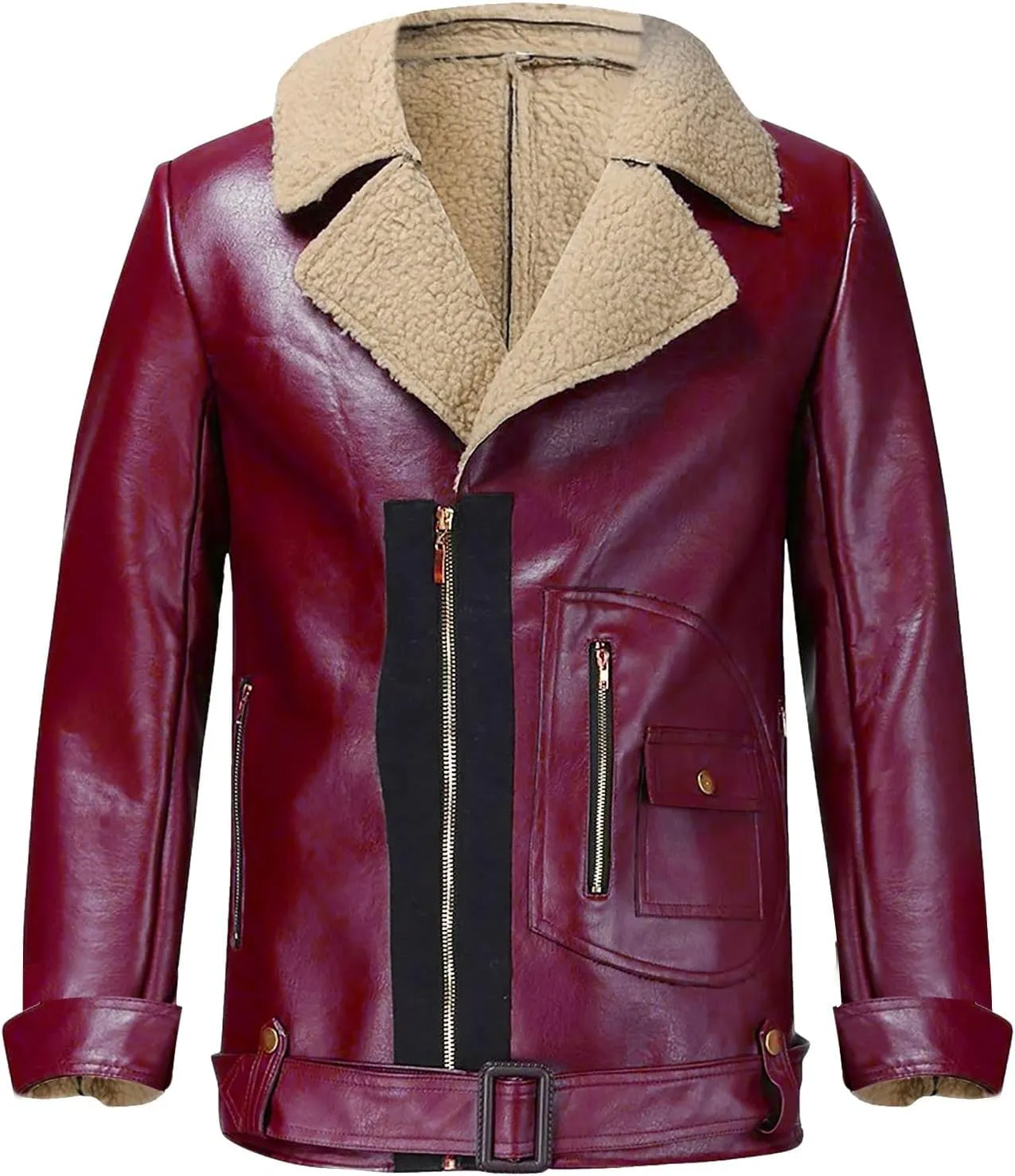 Winter Leather Jacket for Men Sherpa Lined Full Zip Lapel Fur Collar Jackets Casual Cropped Warm Fleece Cardigans Coats