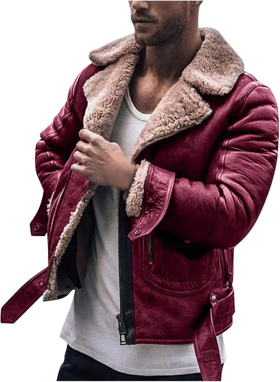 Winter Leather Jacket for Men Sherpa Lined Full Zip Lapel Fur Collar Jackets Casual Cropped Warm Fleece Cardigans Coats