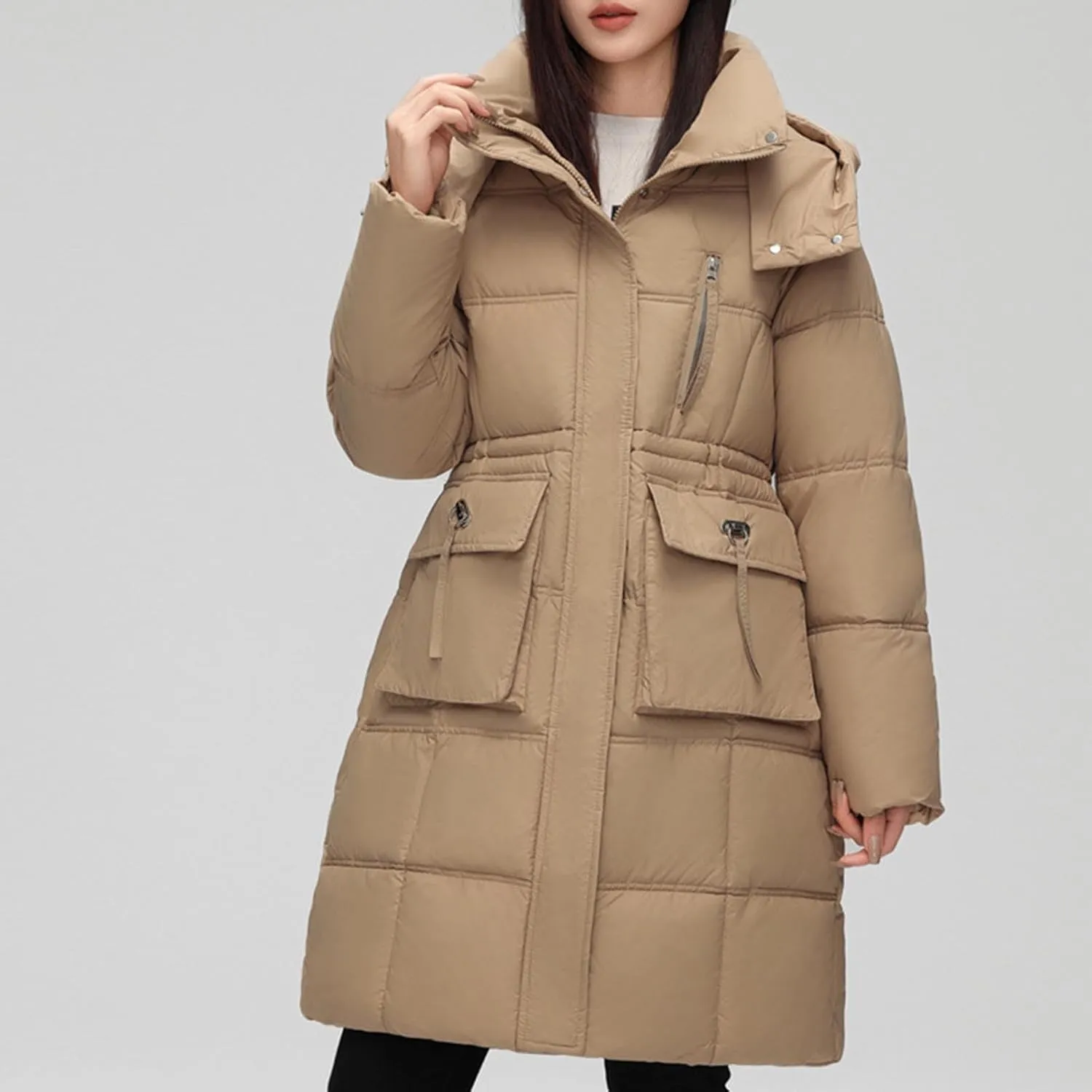 wodceeke Long Hooded Puffer Jacket for Women Winter Warm Down Coats Cotton Padded Windbreaker Overcoat with Removable Hood