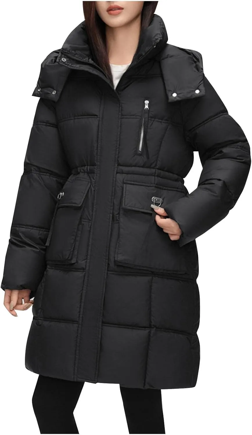 wodceeke Long Hooded Puffer Jacket for Women Winter Warm Down Coats Cotton Padded Windbreaker Overcoat with Removable Hood
