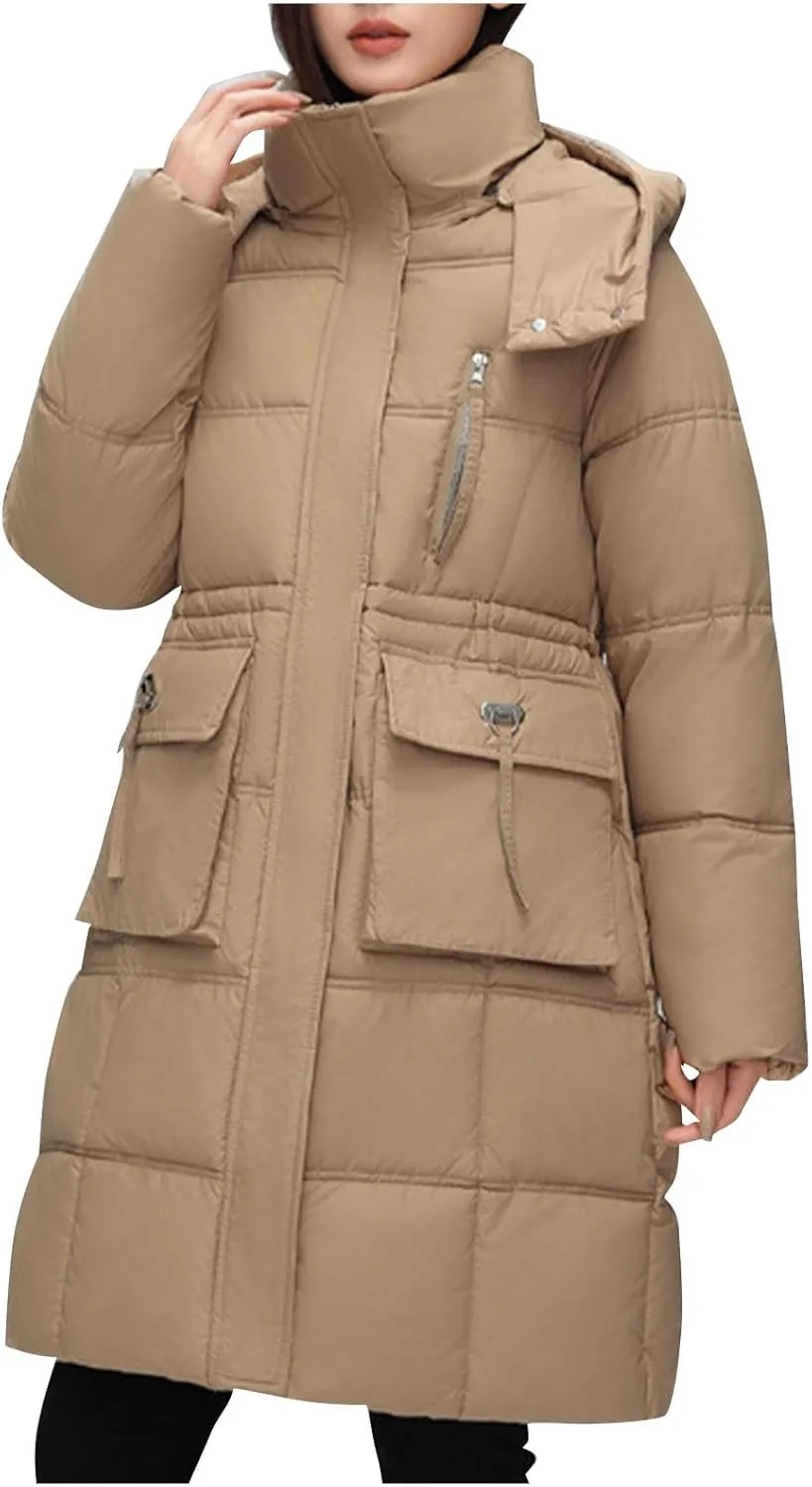 wodceeke Long Hooded Puffer Jacket for Women Winter Warm Down Coats Cotton Padded Windbreaker Overcoat with Removable Hood
