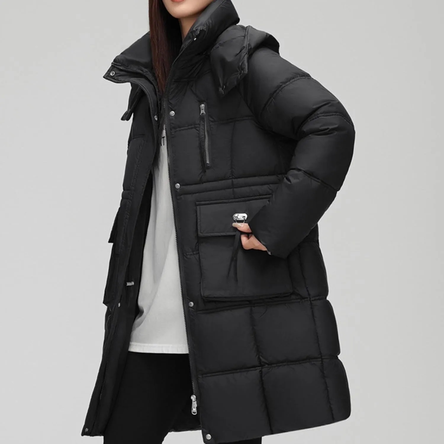 wodceeke Long Hooded Puffer Jacket for Women Winter Warm Down Coats Cotton Padded Windbreaker Overcoat with Removable Hood