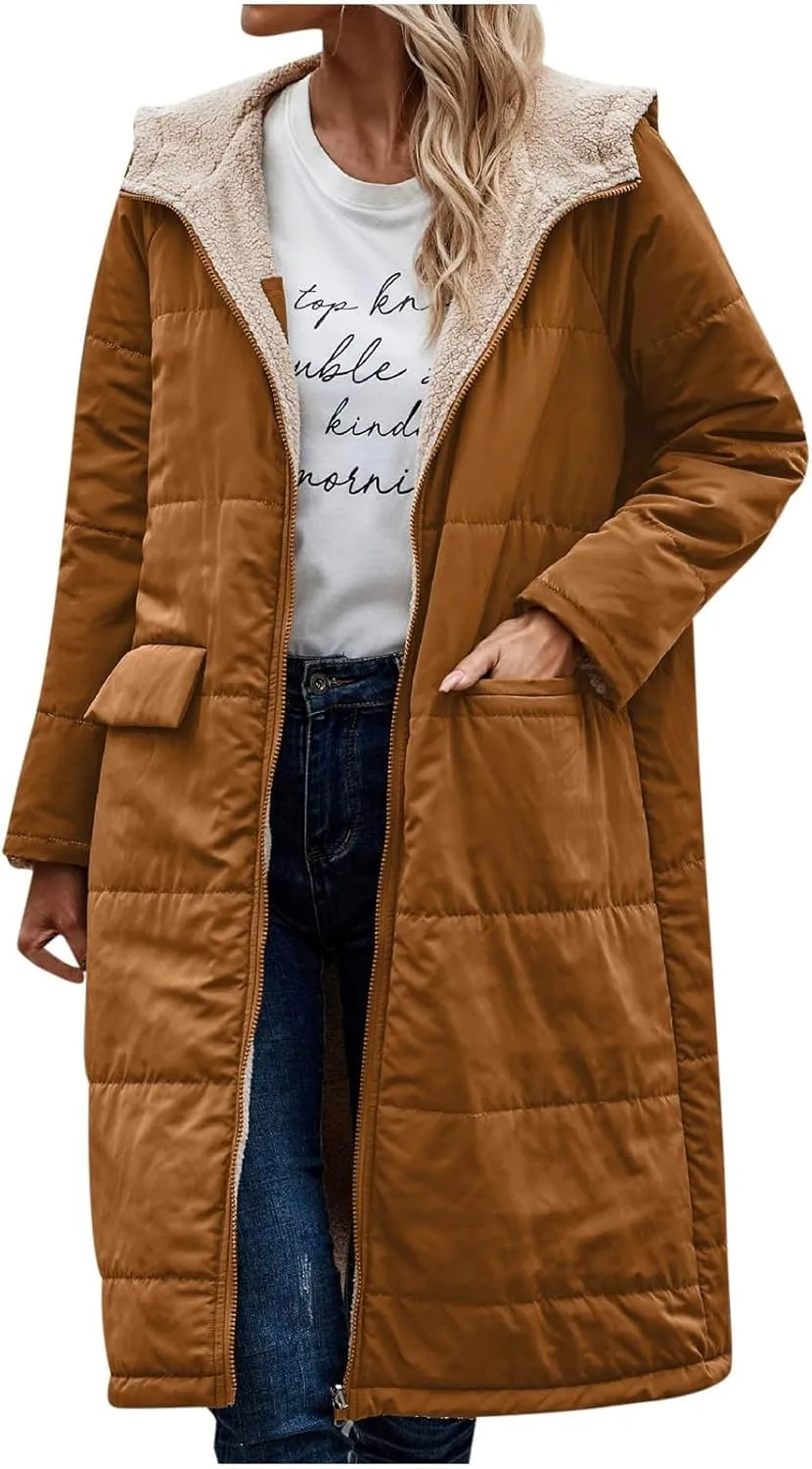 wodceeke Women's Sherpa Lined Winter Coats Long Hooded Parka Puffer Jacket Full Zip Down Oversized Windbreaker Overcoat