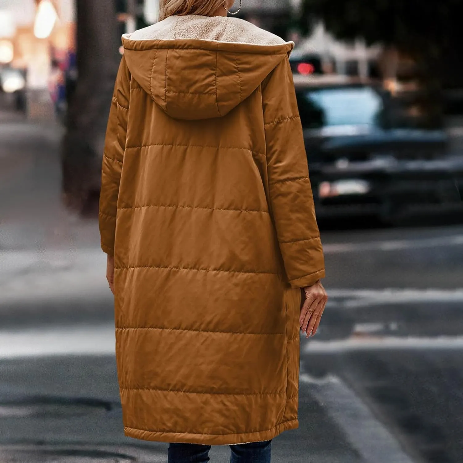 wodceeke Women's Sherpa Lined Winter Coats Long Hooded Parka Puffer Jacket Full Zip Down Oversized Windbreaker Overcoat