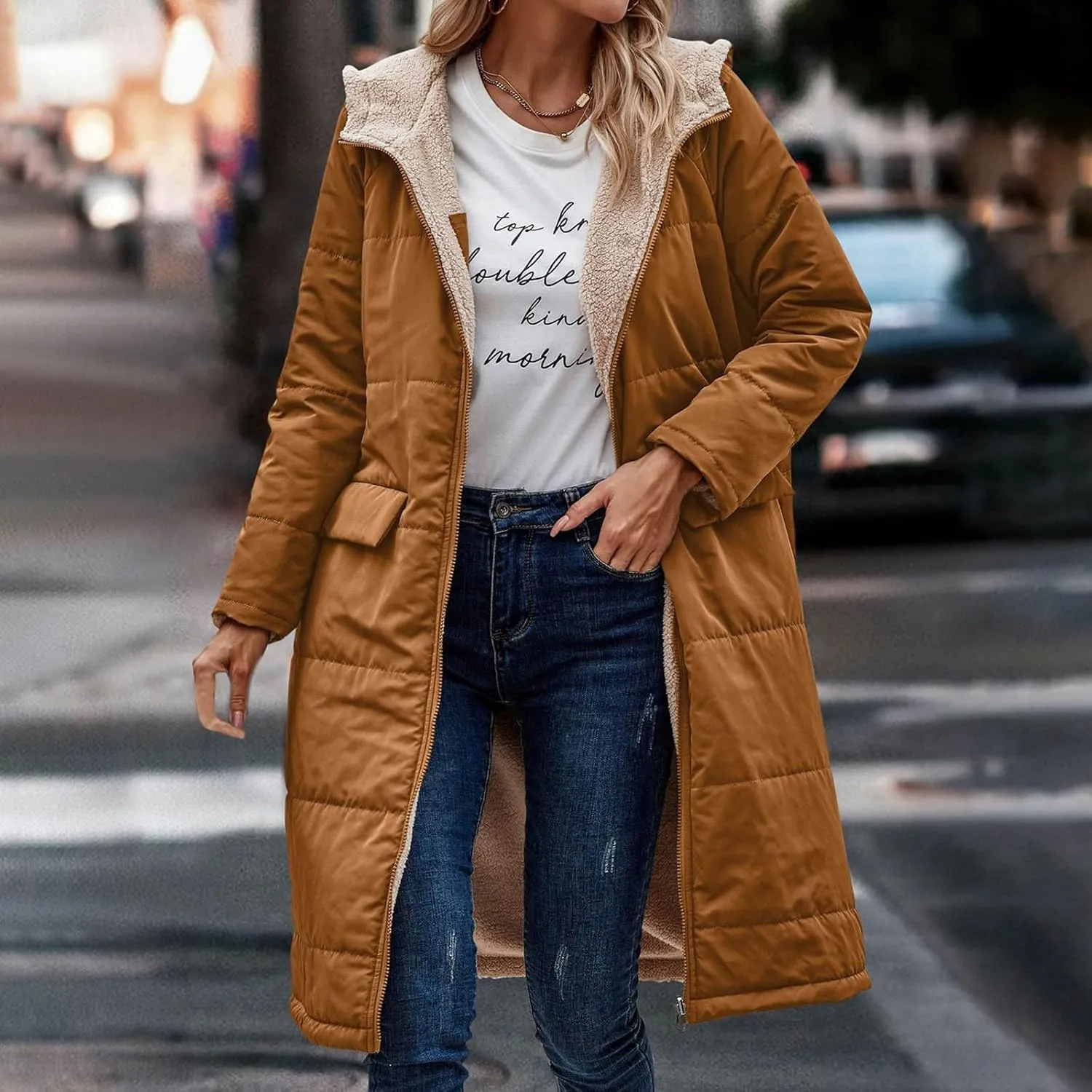 wodceeke Women's Sherpa Lined Winter Coats Long Hooded Parka Puffer Jacket Full Zip Down Oversized Windbreaker Overcoat