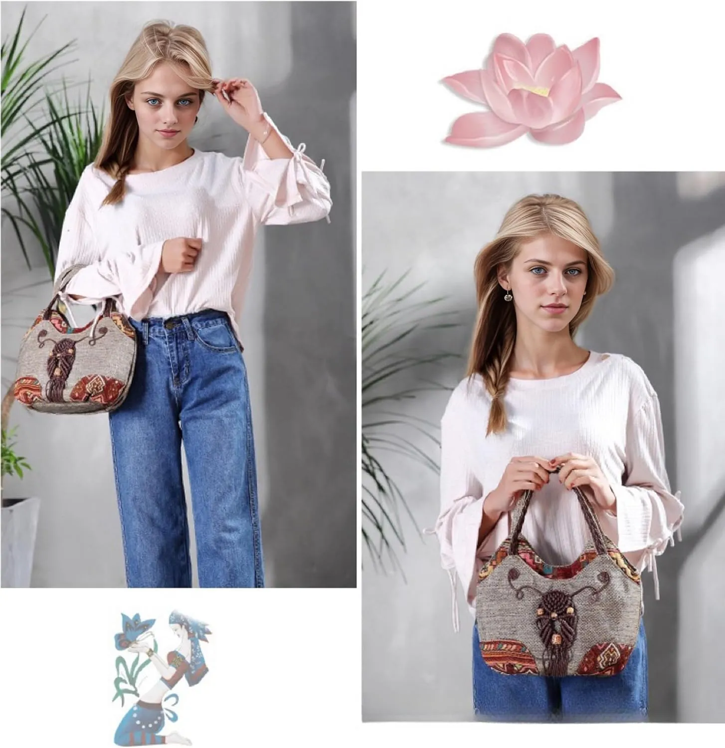 Women Cotton Canvas Tote Bag Hippie Hemp Boho Embroidery Canvas Tote Bag With Zipper Multi Pocket Retro Handbag Floral Purse