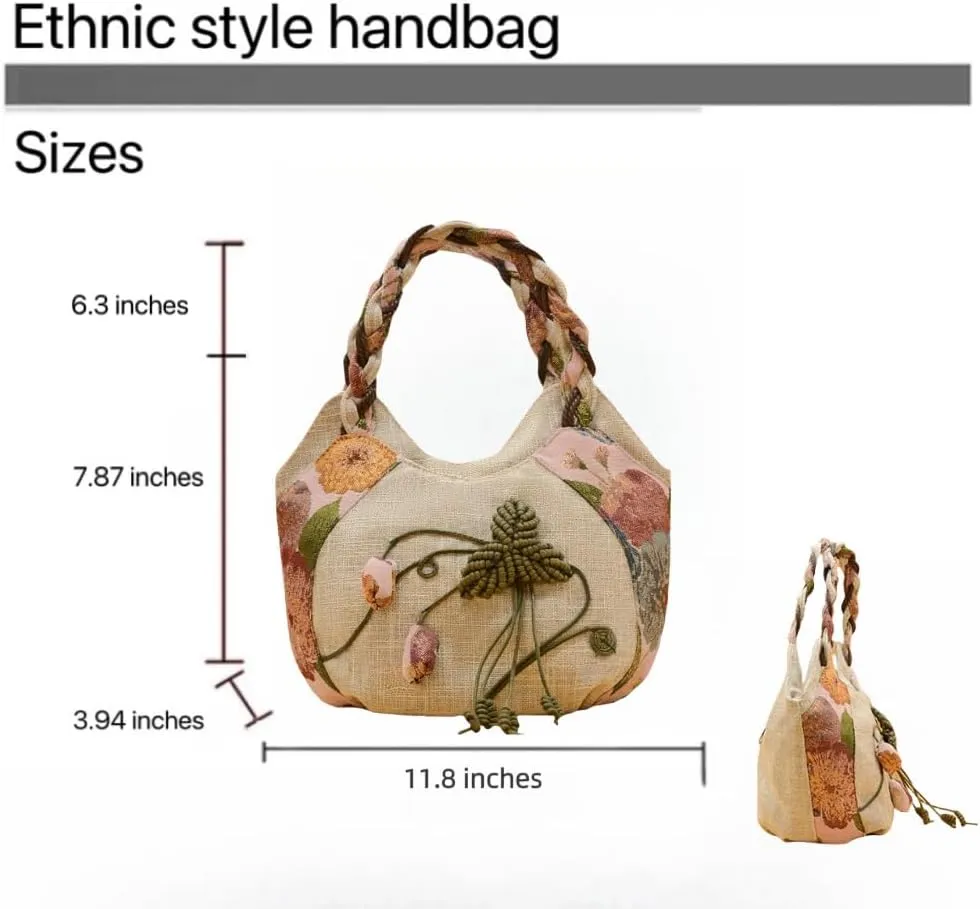 Women Cotton Canvas Tote Bag Hippie Hemp Boho Embroidery Canvas Tote Bag With Zipper Multi Pocket Retro Handbag Floral Purse