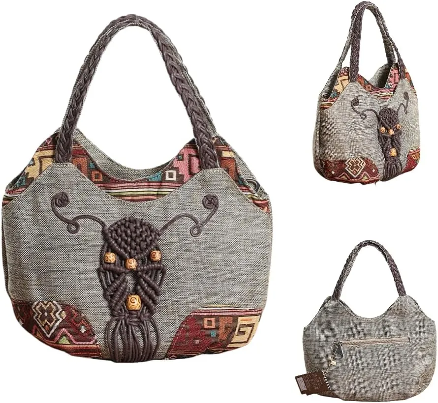 Women Cotton Canvas Tote Bag Hippie Hemp Boho Embroidery Canvas Tote Bag With Zipper Multi Pocket Retro Handbag Floral Purse