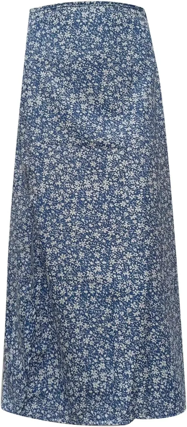 Women Floral Skirt with Slit Summer Beach Flowy Boho Midi Skirts Sexy High Waisted A-Line Skirts Casual Wraps Skirt Dresses