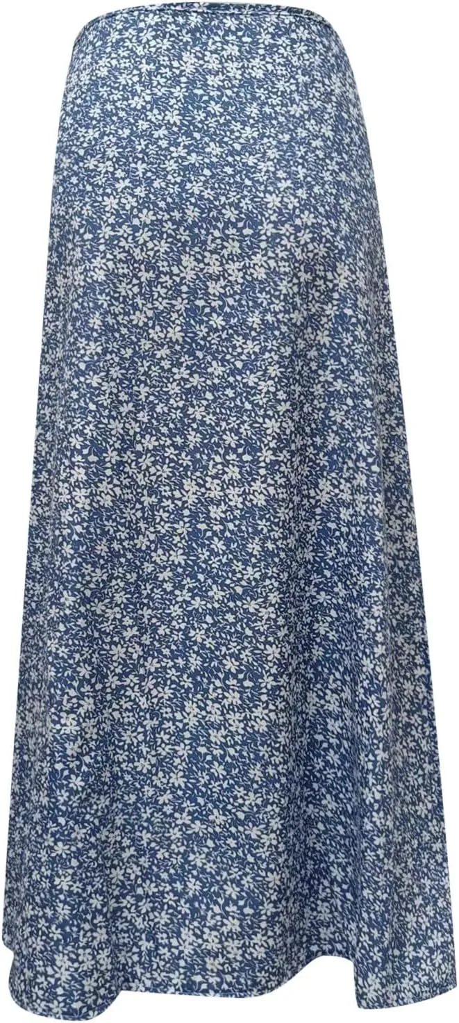 Women Floral Skirt with Slit Summer Beach Flowy Boho Midi Skirts Sexy High Waisted A-Line Skirts Casual Wraps Skirt Dresses