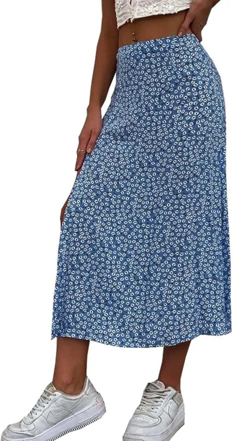Women Floral Skirt with Slit Summer Beach Flowy Boho Midi Skirts Sexy High Waisted A-Line Skirts Casual Wraps Skirt Dresses
