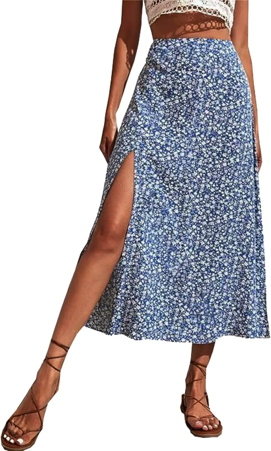 Women Floral Skirt with Slit Summer Beach Flowy Boho Midi Skirts Sexy High Waisted A-Line Skirts Casual Wraps Skirt Dresses