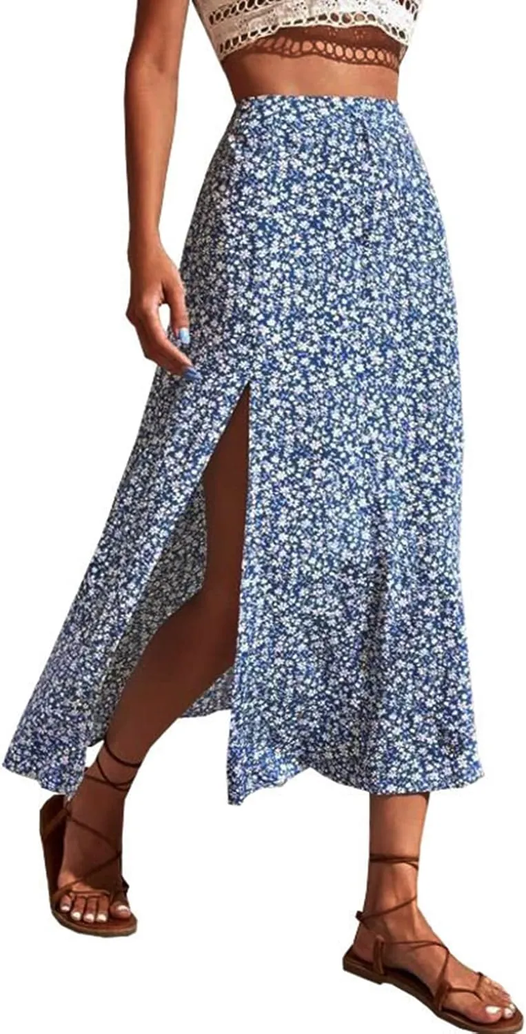 Women Floral Skirt with Slit Summer Beach Flowy Boho Midi Skirts Sexy High Waisted A-Line Skirts Casual Wraps Skirt Dresses