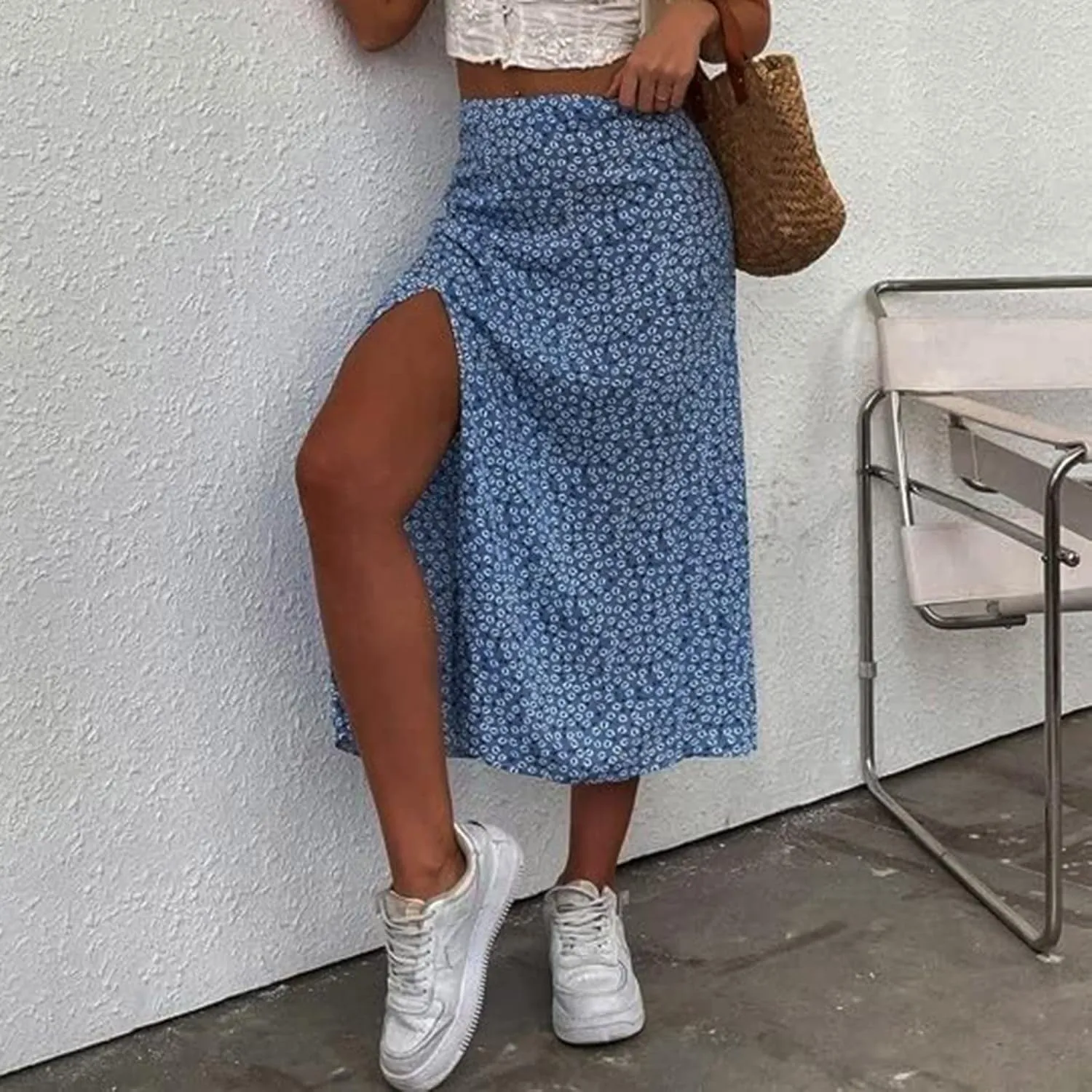 Women Floral Skirt with Slit Summer Beach Flowy Boho Midi Skirts Sexy High Waisted A-Line Skirts Casual Wraps Skirt Dresses