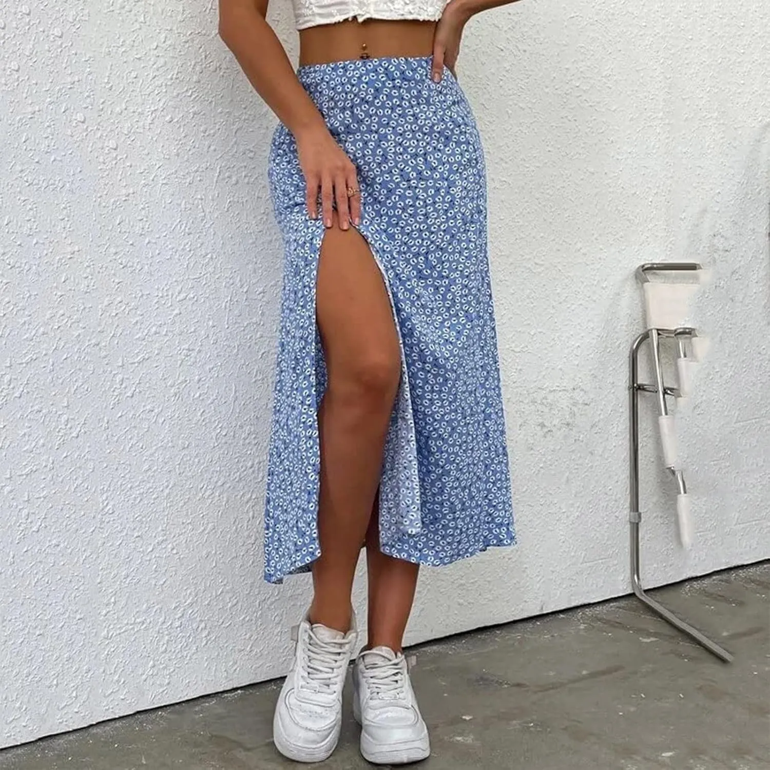 Women Floral Skirt with Slit Summer Beach Flowy Boho Midi Skirts Sexy High Waisted A-Line Skirts Casual Wraps Skirt Dresses