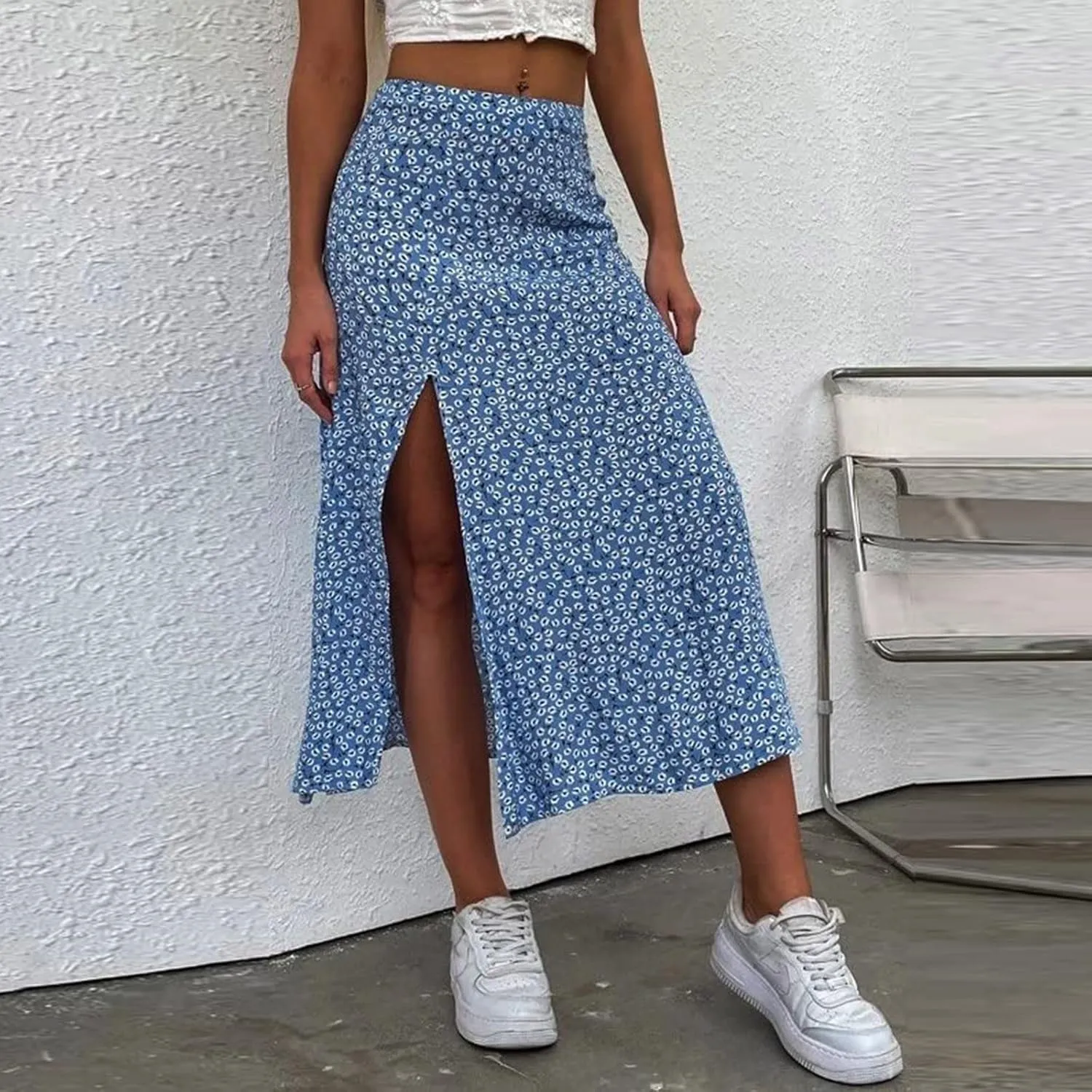 Women Floral Skirt with Slit Summer Beach Flowy Boho Midi Skirts Sexy High Waisted A-Line Skirts Casual Wraps Skirt Dresses