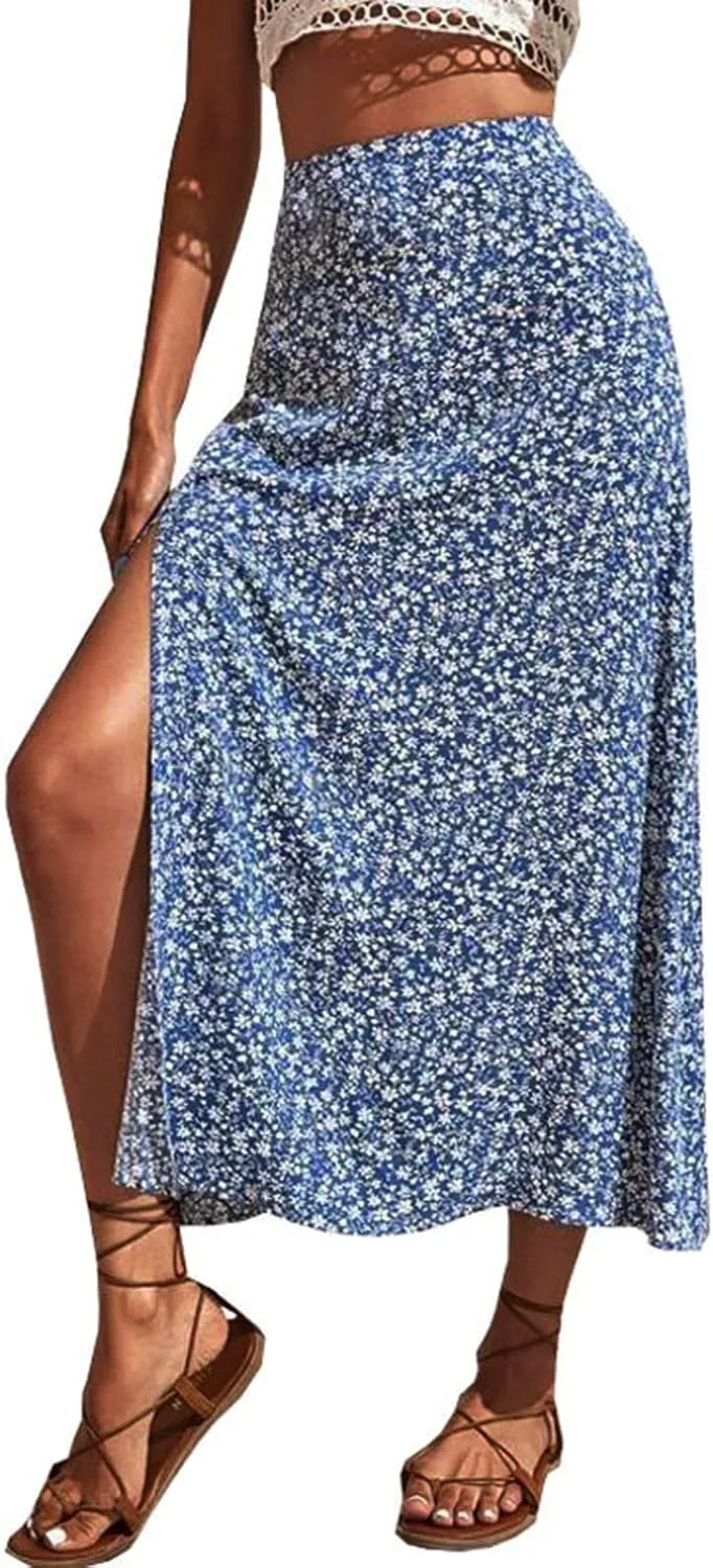 Women Floral Skirt with Slit Summer Beach Flowy Boho Midi Skirts Sexy High Waisted A-Line Skirts Casual Wraps Skirt Dresses