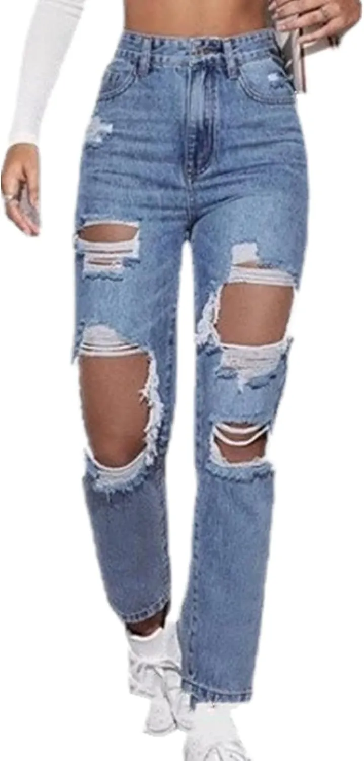 Women Ripped Jeans Full Ripped Distressed Denim Ripped Pants for Casual Daily.