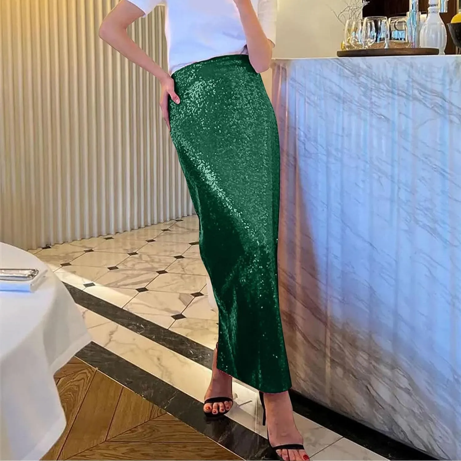 Women Sequin Skirt Sparkly Cute High Waist Ruffle Women's Elastic Waisted Bodycon Sparkle Night Out Silver Sparkly