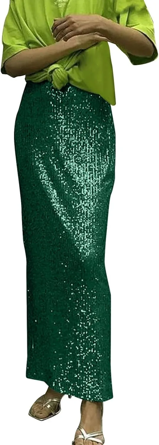 Women Sequin Skirt Sparkly Cute High Waist Ruffle Women's Elastic Waisted Bodycon Sparkle Night Out Silver Sparkly