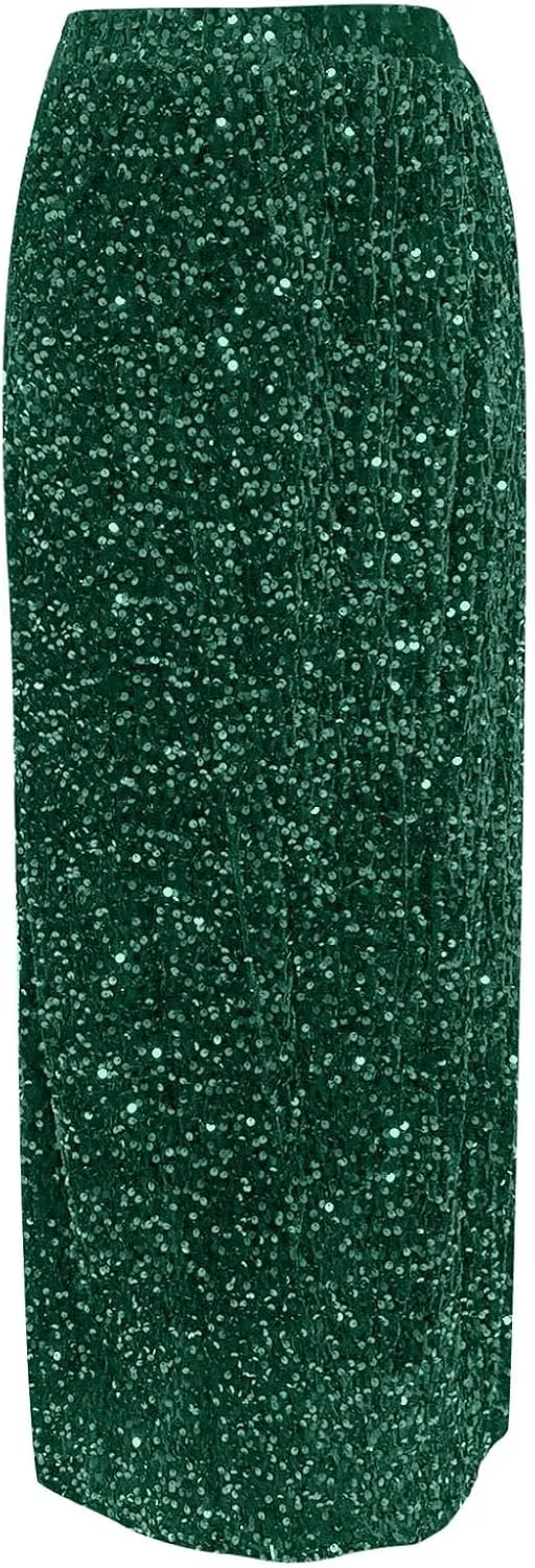 Women Sequin Skirt Sparkly Cute High Waist Ruffle Women's Elastic Waisted Bodycon Sparkle Night Out Silver Sparkly